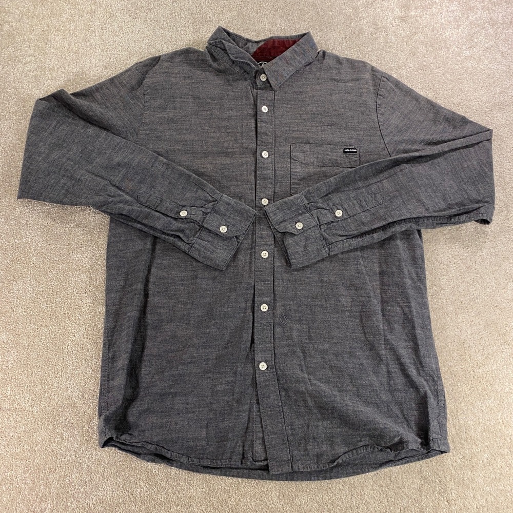 Volcom Flatts Button Up Shirt Mens Large Gray Long Sleeve Cotton Long Sleeve